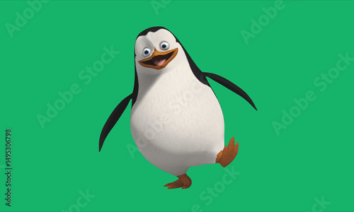 A single king penguin standing upright against a plain light blue gray background