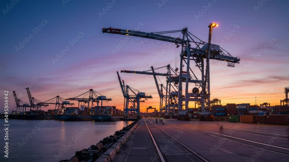 Gantry Cranes at Dusk Loading Cargo Ship Container Terminal Gantry Cranes at Dusk Loading Cargo Ship Container Terminal