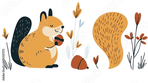 Cute squirrel enjoying acorn in autumn field