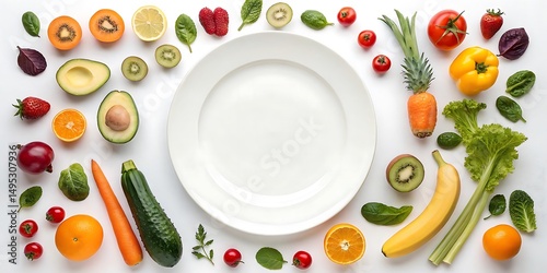 Fototapeta Naklejka Na Ścianę i Meble -  Vibrant fruits and vegetables surrounding a white plate