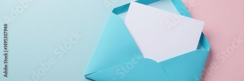 Blue envelope, open, letter inside, pastel background, overhead, corporate, business