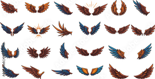 Create a kinds of Wings icon set, Wings Collection in different shape, Wings badges, Vector illustration. with white background.