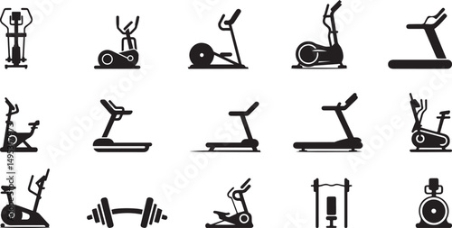  Fitness equipment icons gym cardio workout machines. eps-10