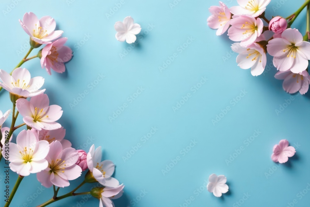 Fototapeta premium Delicate gypsophila blooms create a floral frame against a serene blue backdrop , decoration, pastel, border