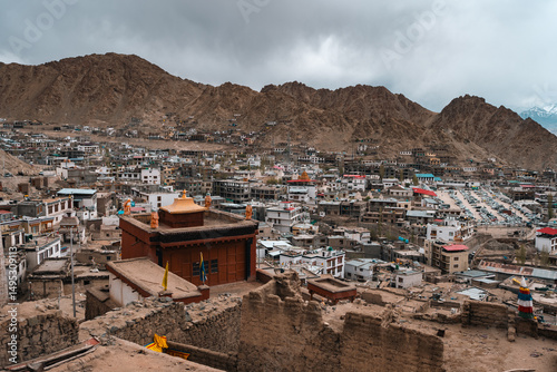Panoramic view of Leh city in Ladakh, India, nestled in Himalayan mountains, dramatic brown ridges, peaceful townscape, rich Tibetan cultural influence