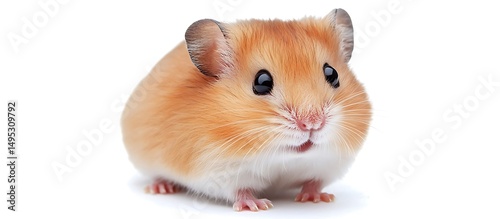 Cute hamster on white backdrop, isolated for copy space, high clarity and detail.