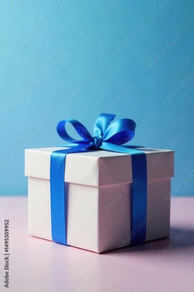 Obraz premium Luxury gift box with blue bow, monochrome light blue backdrop, birthday present, gift wrapping, corporate gift box