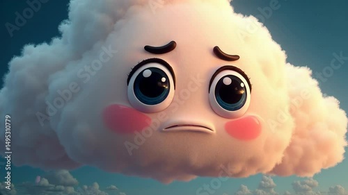 Cloud with a sad expression shedding tears in a vibrant blue sky