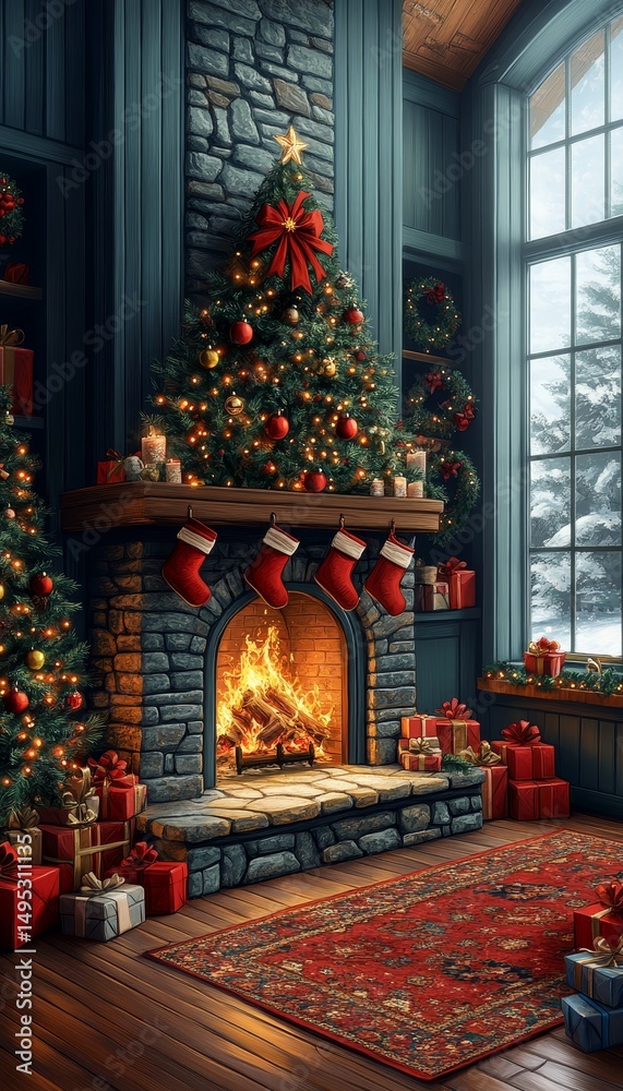 Obraz premium Cozy Christmas Fireplace Scene with Decorated Trees