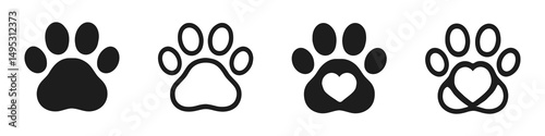 Pet Paw Print Vector – Line style icons of paw prints and heart with paw symbol. Editable and scalable for pet branding or design projects.
