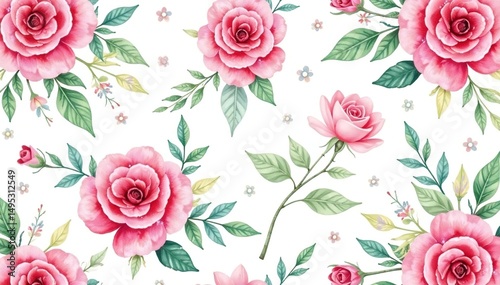 Delicate watercolor roses & leaves, repeating pattern , floral, art