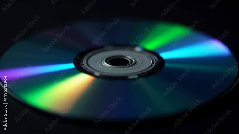 Colorful reflections on a spinning CD against a dark background showcasing light refraction and motion