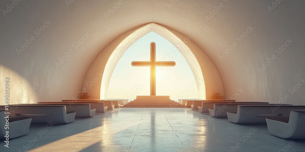Naklejka premium Modern chapel interior with sunlight illuminating cross at sunrise, inviting serenity and reflection