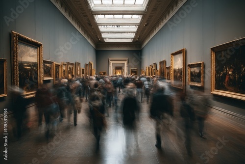 Visitors explore an art gallery filled with historical paintings during a busy afternoon