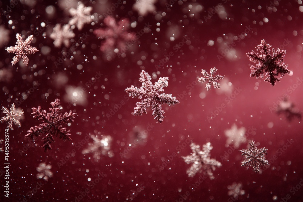 Fototapeta premium Snowflakes gently falling against a rich red background during winter celebrations at dusk in December