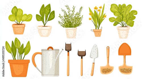 The image contains a set of garden plants in pots, along with gardening tools like a watering can and trowels. It is part of a user interface for submitting files photo