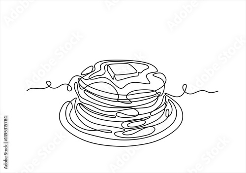 Pancake stack continuous line drawing. Minimalist food concept isolated on white background. Editable stroke.	
