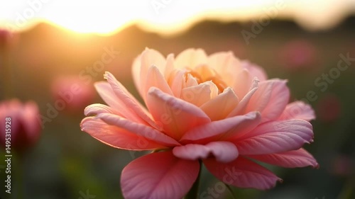 Blossoming pink rose in a sunlit garden during early morning hours