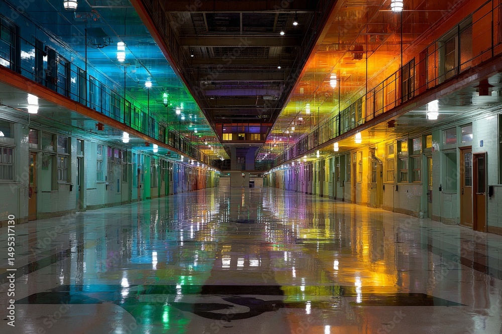 Fototapeta premium Colorful reflections in an empty corridor of a modern building during nighttime