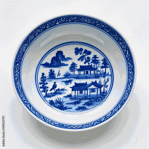 Ceramic Dreams in Fluid Blue bowl blue willow isolated watercolor vector illustration svg  