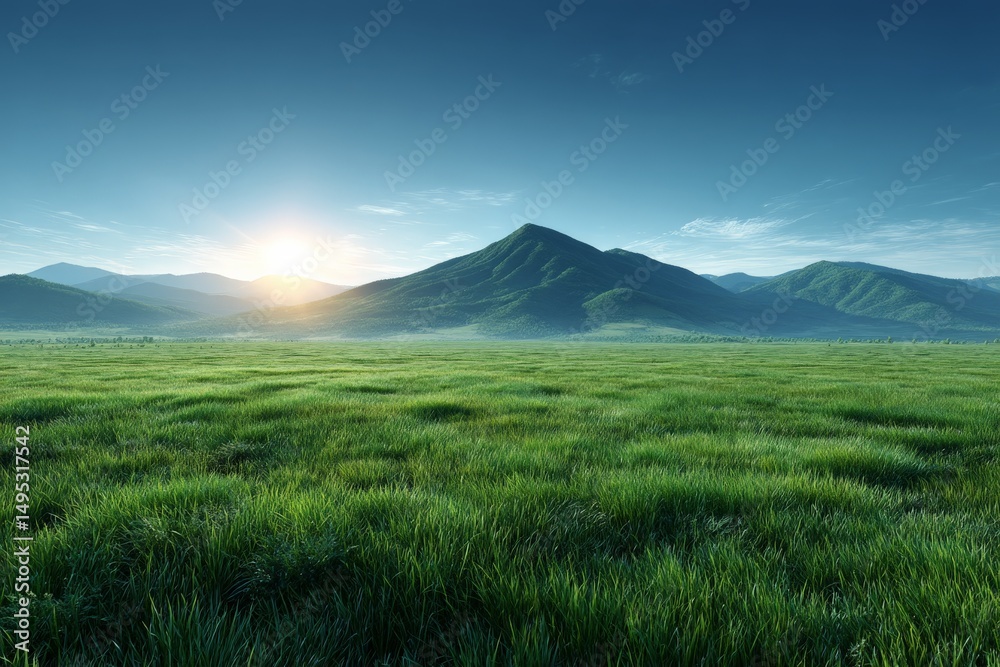 Fototapeta premium Sunrise over lush green fields and distant mountains in a serene landscape during early morning hours
