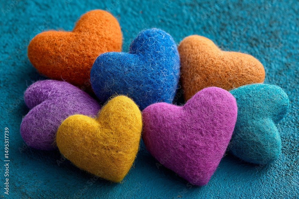 Fototapeta premium Colorful felt hearts arranged on a bright blue surface for decorative purposes or crafting ideas