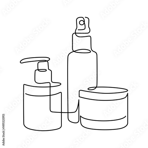 Beauty & skincare products. Bath essentials line drawing. Hand-drawn bottles and jars line art. Hand drawn vector illustration with editable stroke. Isolated on transparent background.
