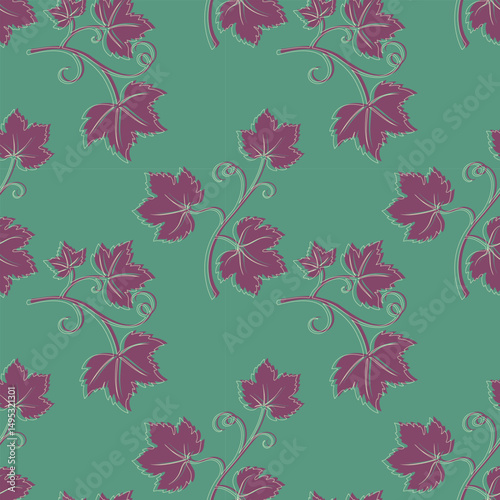 Grape vine with leaves pattern, burgundy vine silhouette on turquoise green background.