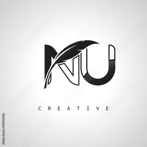 NU Letter Logo with Feather Pen – Elegant Monogram for Creative Branding and Identity Design