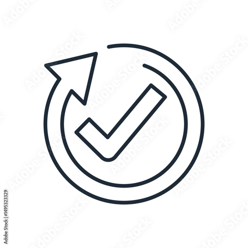 Round arrow in motion with a check mark. Project, implementation process. Vector linear icon illustration isolated on white background.