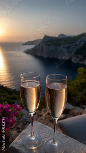 Sparkling glasses of champagne overlooking a stunning coastal sunset in a serene Mediterranean setting