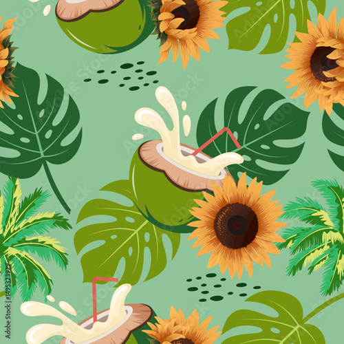 Tropical pattern with coconut water and sunflower seamless pattern for fabric background decoration 