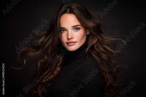 Young woman with long flowing hair poses elegantly against dark background in a studio setting