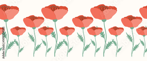 Seamless border of hand drawn poppy flowers on isolated background. Design for springtime, mother’s day, scrap booking, nursery decor, home decor, paper crafts, invitation design. 