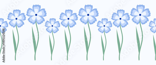 Seamless pattern of hand drawn blue carnations, wild flowers on isolated background. Design for springtime, mother’s day, scrap booking, nursery decor, home decor, paper crafts, invitation design. 