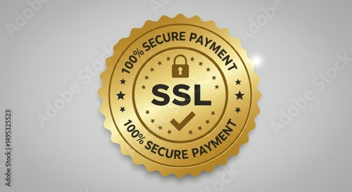 A gold seal indicating 100% secure payment with SSL certification and a padlock symbol.
