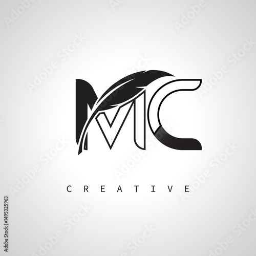 MC Letter Logo with Feather Pen – Elegant Monogram for Creative Branding and Identity Design