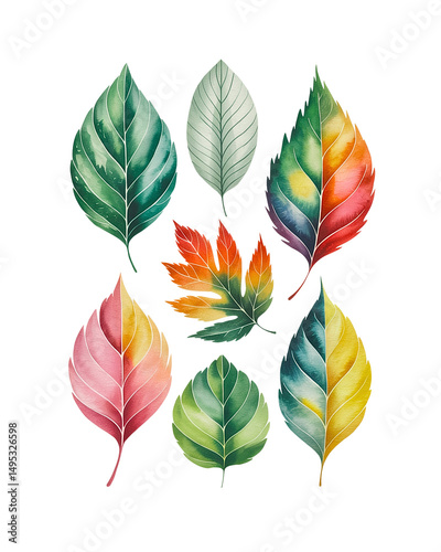 Collection of Watercolor Autumn Leaves on Transparent Background