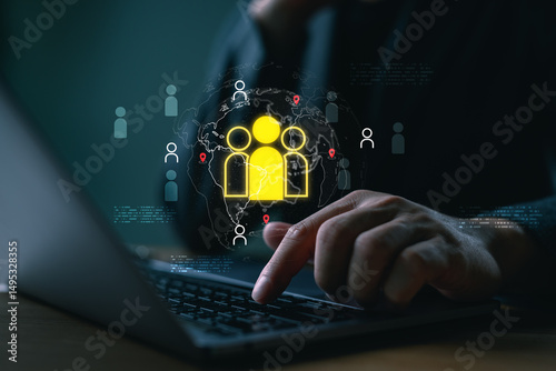 Customer relationship management concept with global connection icons on digital interface. Businessman using CRM software to manage client data, communication, and engagement worldwide. photo