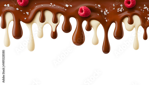 Delicious Melted Milk and Dark Chocolate Dripping with Raspberries on Transparent Background