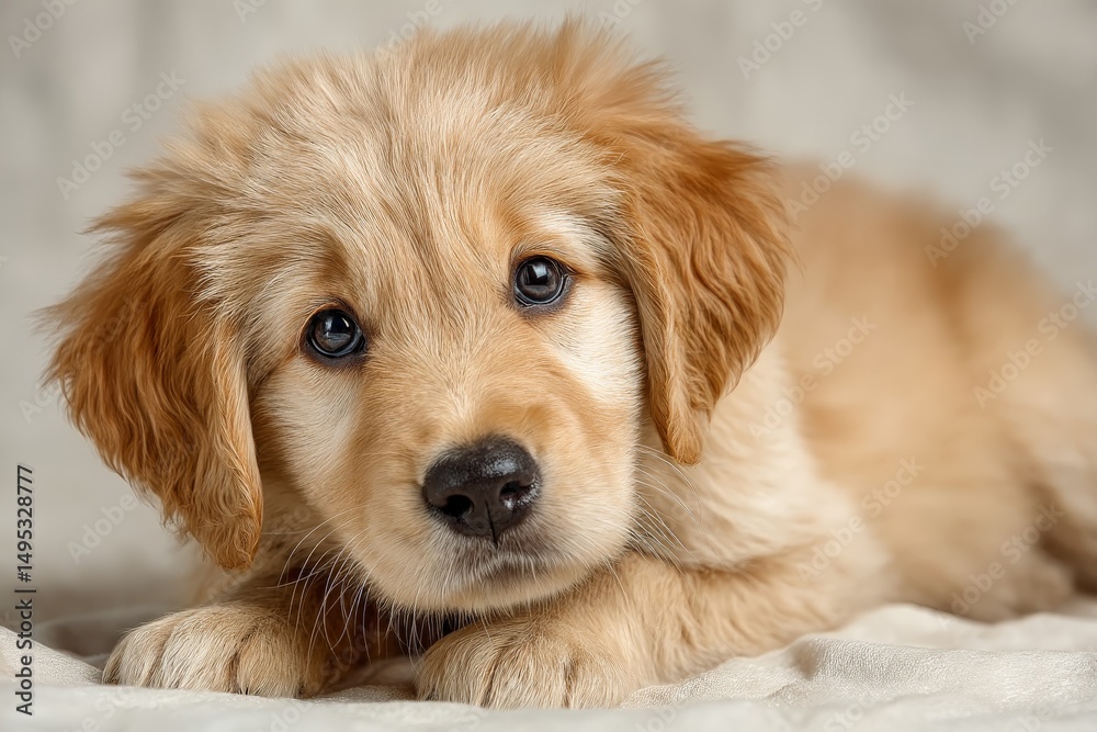 Puppy relaxing indoors with soft fur and expressive eyes during a cozy afternoon Puppy relaxing indoors with soft fur and expressive eyes during a cozy afternoon