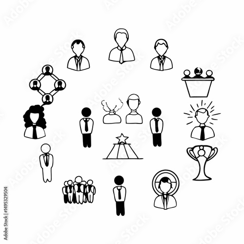 Business people icon set with diverse male and female silhouettes, perfect for illustrating concepts of work, social groups, and family