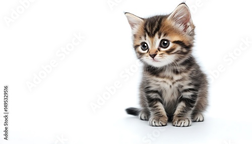 Cute kitten, small and fluffy, sitting on white background, full-body shot, high resolution.