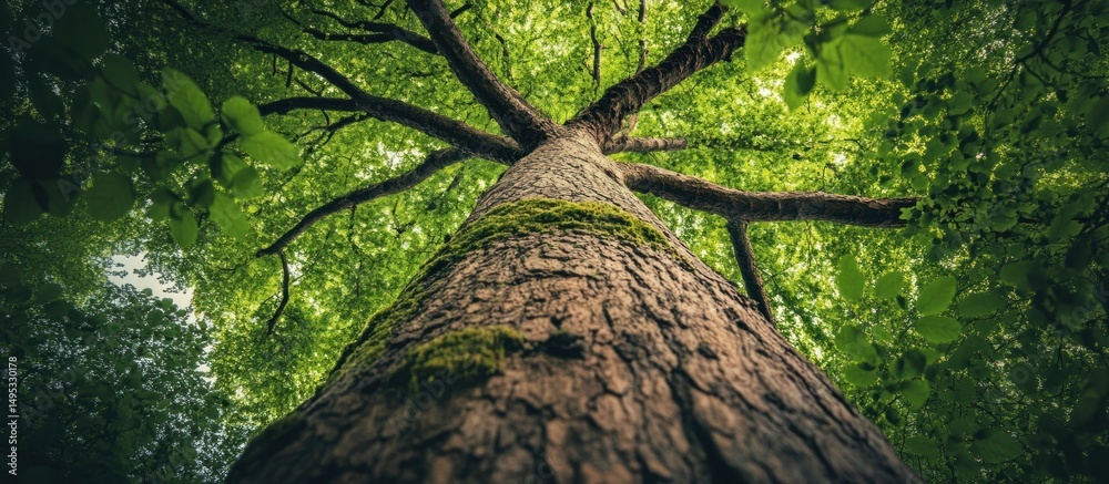 Naklejka premium Majestic tree, forest canopy, nature, spring leaves, environmental backdrop