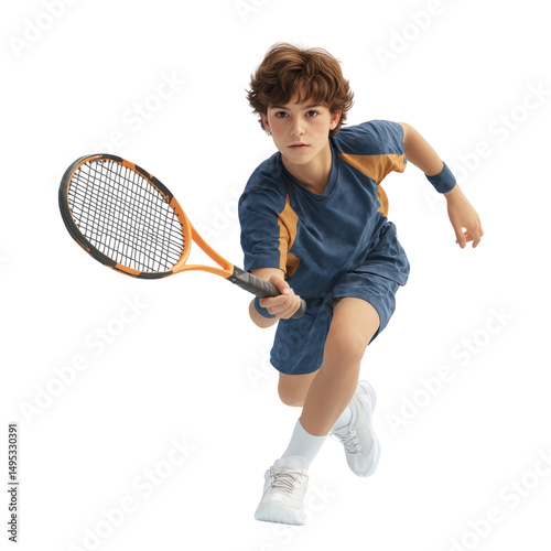 Dynamic tennis action by young player indoor court high-quality image transparent background for clear focus
