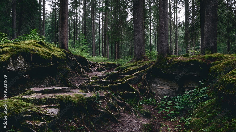Serene Forest Path with Mossy Roots and Lush Green Foliage Serene Forest Path with Mossy Roots and Lush Green Foliage
