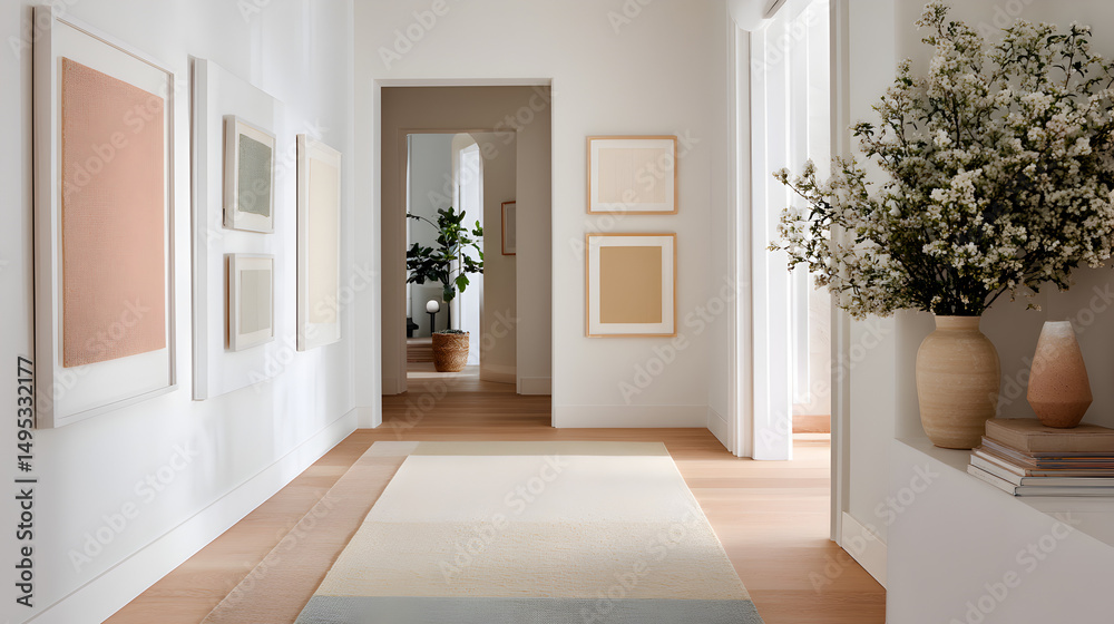 Fototapeta premium A light-filled hallway with white walls, minimal beige art frames, and a soft pastel runner rug, shot front-on with even lighting 59873104 2