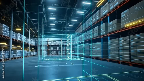 Futuristic warehouse interior with digital blueprints overlaying shelves and storage areas