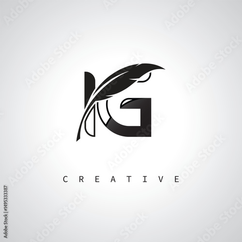 IG Letter Logo with Feather Pen – Elegant Monogram for Creative Branding and Identity Design