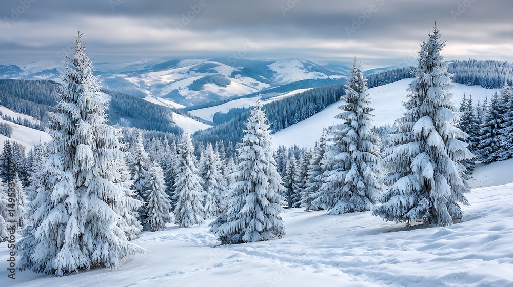 Fototapeta premium Winter Wonderland Scene with Snow-Covered Trees and Mountains